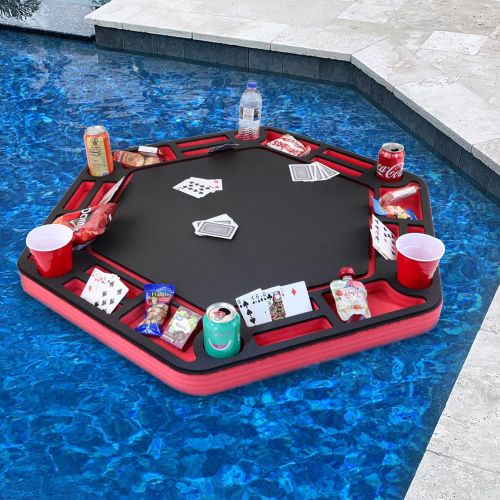  [아마존베스트]Polar Whale Floating Poker Table Red and Black Game Tray for Pool or Beach Party Float Lounge Durable Foam Chip Slots Drink Holders with Waterproof Playing Cards Deck UV Resistant