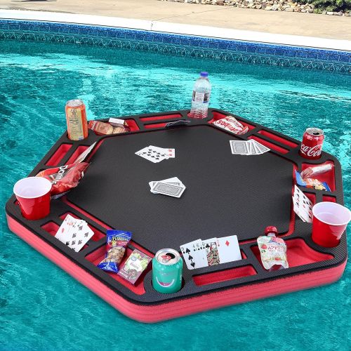  [아마존베스트]Polar Whale Floating Poker Table Red and Black Game Tray for Pool or Beach Party Float Lounge Durable Foam Chip Slots Drink Holders with Waterproof Playing Cards Deck UV Resistant