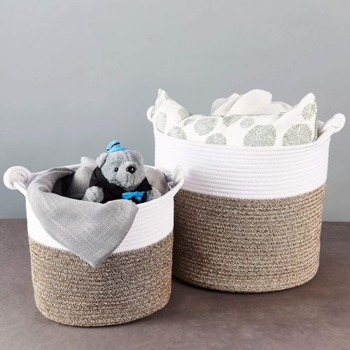  Polarduck Cotton Rope Basket 13” x 12” x 11”, Baby Laundry Basket, Laundry Hamper, Woven Blanket Basket, Nursery Bin Organizer, Toys Storage Basket with Lucky Knots Handle, (Natura