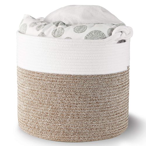  Polarduck Cotton Rope Basket 16” x 15” x 14”, Baby Laundry Basket, Laundry Hamper, Woven Blanket Basket, Nursery Bin Organizer, Toys Storage Basket with Lucky Knots Handle, (Natura