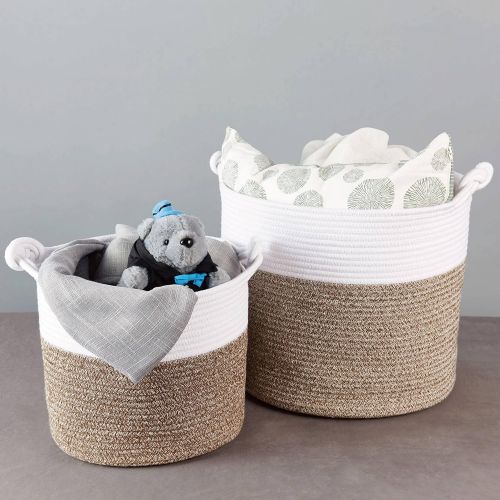  [아마존베스트]Polarduck Cotton Rope Basket 13” x 12” x 11”, Baby Laundry Basket, Laundry Hamper, Woven Blanket Basket, Nursery Bin Organizer, Toys Storage Basket with Lucky Knots Handle, (Natura