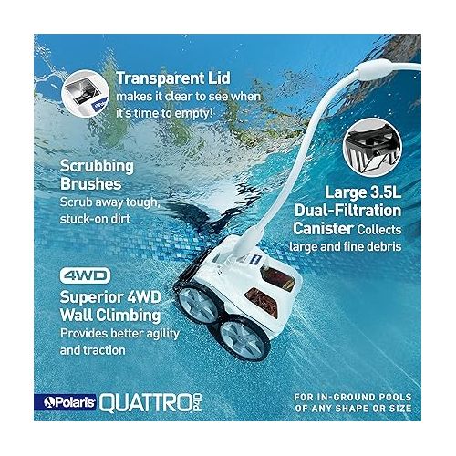  Polaris Quattro P40 Pressure Side Pool Cleaner for All In-Ground Pool Surfaces, Large-Capacity Dual Filtration Canister, 31' Hose & Transparent Lid to View Debris