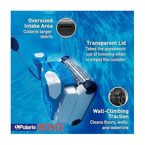  Polaris 8050 Sport Robotic Pool Cleaner, Automatic Vacuum for InGround Pools up to 40ft, Wall Climbing Vac w/ Strong Suction & Easy Access Transparent Lid