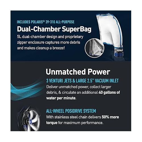  Polaris Vac-Sweep 3900 Sport Pressure Inground Pool Cleaner, Triple Jet Powered, with a Dual Chamber SuperBag for Debris