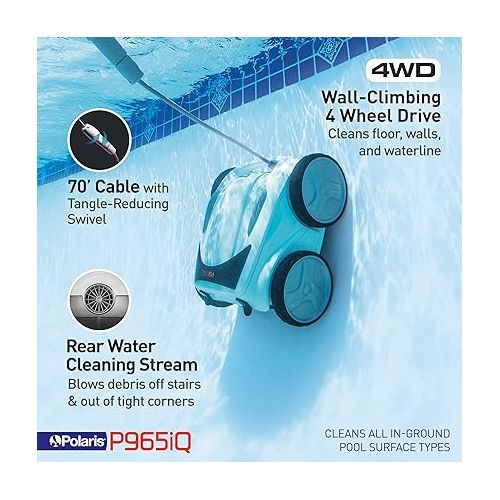  Polaris P965iQ Sport Robotic Pool Cleaner, Automatic Vacuum for InGround Pools up to 60ft, Smart App, WiFi, Amazon Alexa, 70ft Swivel Cable w/Strong Suction & Easy Access Filter Canister