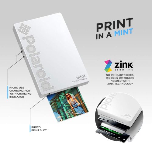 폴라로이드 Polaroid Mint Pocket Printer W/ Zink Zero Ink Technology & Built-In Bluetooth for Android & iOS Devices - White