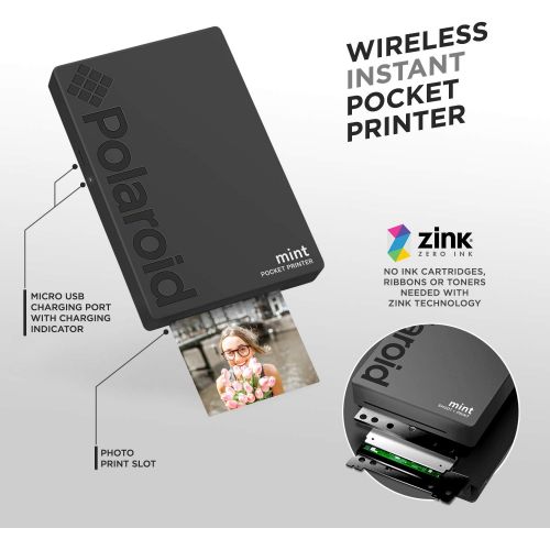 폴라로이드 Polaroid Mint Pocket Printer W/ Zink Zero Ink Technology & Built-In Bluetooth for Android & iOS Devices - Black