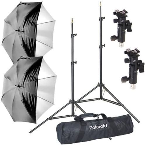 폴라로이드 Polaroid Pro Studio Digital Flash Umbrella Mount Kit, Includes: Two (2) Air-Cushioned Heavy Duty Light Stands, Two (2) White Satin Interior Umbrella with Removable Black Cover, Two