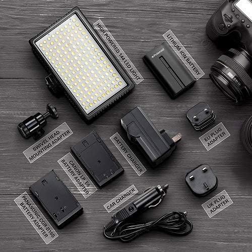 폴라로이드 Polaroid Dimmable LED Camera/Video Light 144 w/ Variable Color Temperature, Li-Ion Battery & Charger, Swivel Head, EU/UK Adapters, Diffuser Filter & Carry Bag, 2+ Hour Run Time