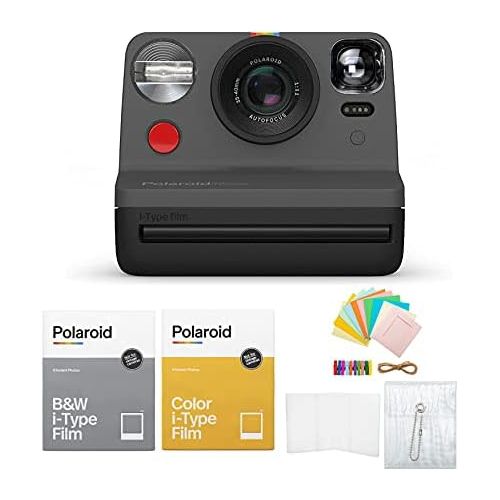 폴라로이드 Polaroid Originals Now Viewfinder i-Type Instant Camera (Black) Bundle w/Color & B&W Instant Film & Polaroid Accessory Kit (4 Items)