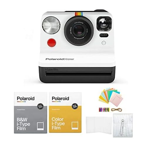 폴라로이드 Polaroid Originals Now Viewfinder i-Type Instant Camera (Black & White) Bundle w/Color & B&W Instant Film & Polaroid Accessory Kit (4 Items)
