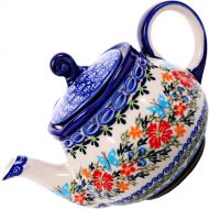 Polish Pottery Ceramika Boleslawiec, 0105/238, Teapot Fruti, 3 1/4 Cups, Royal Blue Patterns with Red Cornflower and Blue Butterflies Motif