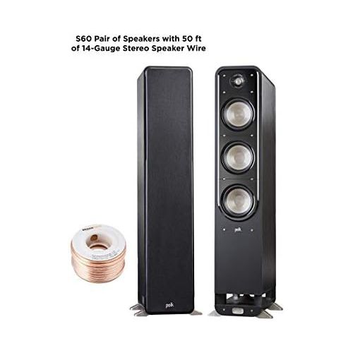  Polk Audio Signature Series S60 Floor Standing Speaker (Pair) with Amazon Basics 14 Gauge 50 Wire Cable | American HiFi Surround Sound | Stylish Looks, Big Sound | Detachable Magne