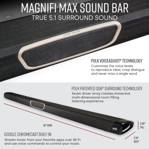  Polk Audio MagniFi Max SR Home Theater Surround Sound Bar Works with 4K & HD TVs HDMI, Optical Cables, Wireless Subwoofer & Two Speakers Included Black