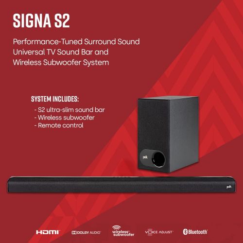  Polk Audio Signa S2 Ultra-Slim TV Sound Bar Works with 4K & HD TVs Wireless Subwoofer Includes HDMI & Optical Cables Bluetooth Enabled, Black