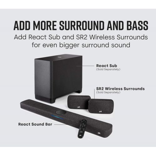  Polk Audio React Sound Bar, Dolby & DTS Virtual Surround Sound, Next Gen Alexa Voice Engine with Calling & Messaging Built-in, Expandable to 5.1 with Matching React Subwoofer & SR2