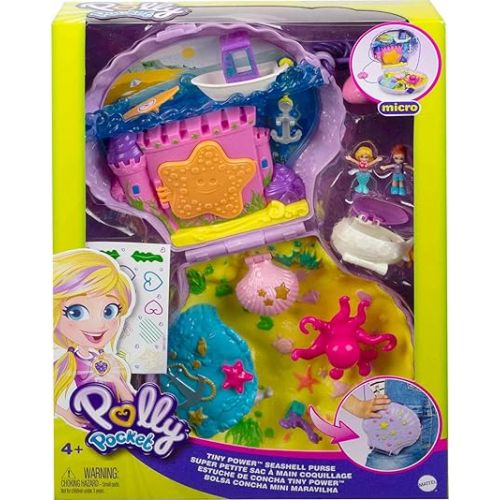  Polly Pocket Travel Toy with Micro Dolls & Accessories, Mermaid 2-in-1 Seashell Purse Playset (Amazon Exclusive)