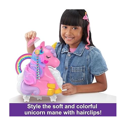  Polly Pocket 2-in-1 Travel Toy, Rainbow Unicorn Salon Styling Head with 2 Micro Dolls & 20+ Accessories