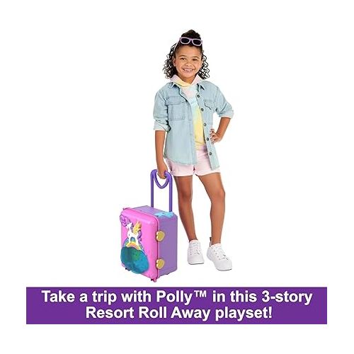  Polly Pocket Pollyville Playset, Resort Rollaway Suitcase, Large Travel Toy with 4 Dolls, Car, 25+ Accessories & Storage