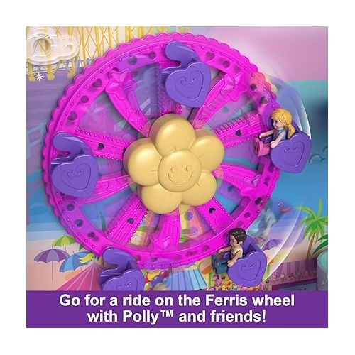  Polly Pocket Pollyville Playset, Resort Rollaway Suitcase, Large Travel Toy with 4 Dolls, Car, 25+ Accessories & Storage