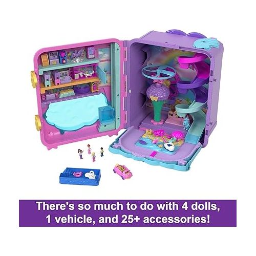  Polly Pocket Pollyville Playset, Resort Rollaway Suitcase, Large Travel Toy with 4 Dolls, Car, 25+ Accessories & Storage