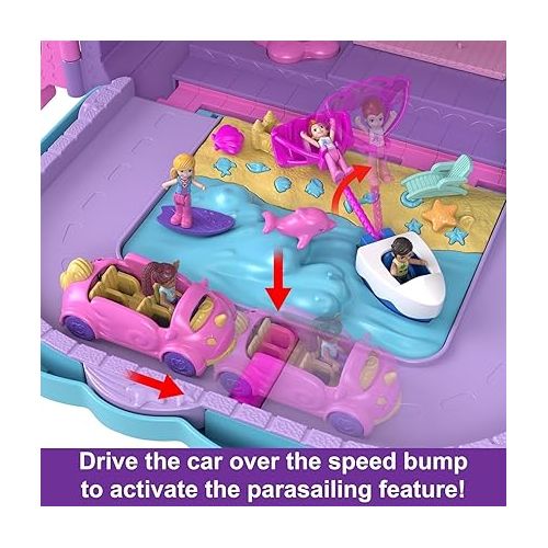  Polly Pocket Pollyville Playset, Resort Rollaway Suitcase, Large Travel Toy with 4 Dolls, Car, 25+ Accessories & Storage