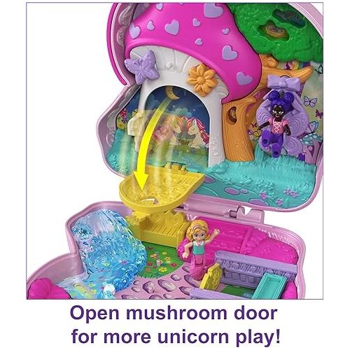  Polly Pocket Compact Playset, Unicorn Tea Party with 2 Micro Dolls & Accessories, Travel Toys with Surprise Reveals