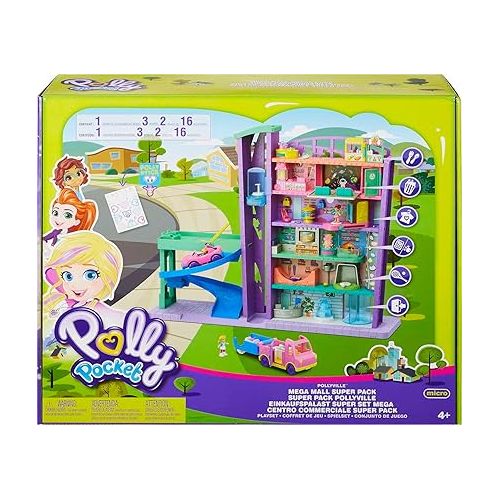  Polly Pocket Playset with 3 Micro Dolls, 1 Toy Car, Food and Shopping Accessories, Pollyville Mega Mall Toy