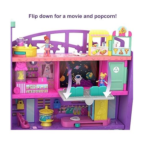  Polly Pocket Playset with 3 Micro Dolls, 1 Toy Car, Food and Shopping Accessories, Pollyville Mega Mall Toy