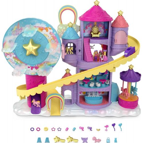 마텔 ?Polly Pocket Rainbow Funland Theme Park, 3 Rides, 7 Play Areas, Polly and Shani Dolls, 2 Unicorns & 25 Surprise Accessories (30 Total Play Pieces), Dispensing Feature for Surprise