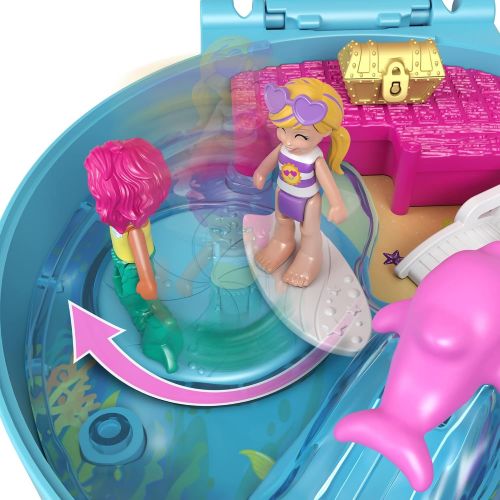  Polly Pocket Dolphin Beach Compact, Beach-Adventure Theme with Micro Polly & Mermaid Doll, 5 Reveals & 12 Accessories, Pop & Swap Feature, Great Gift for Ages 4 Years Old & Up , Bl