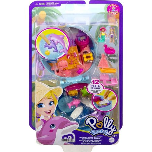  Polly Pocket Dolphin Beach Compact, Beach-Adventure Theme with Micro Polly & Mermaid Doll, 5 Reveals & 12 Accessories, Pop & Swap Feature, Great Gift for Ages 4 Years Old & Up , Bl