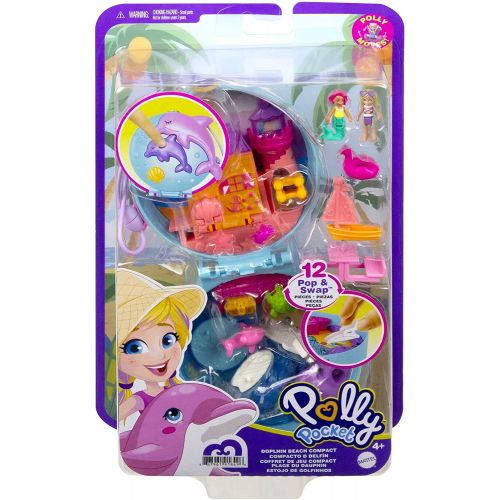  Polly Pocket Dolphin Beach Compact, Beach-Adventure Theme with Micro Polly & Mermaid Doll, 5 Reveals & 12 Accessories, Pop & Swap Feature, Great Gift for Ages 4 Years Old & Up , Bl