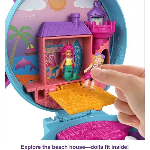  Polly Pocket Dolphin Beach Compact, Beach-Adventure Theme with Micro Polly & Mermaid Doll, 5 Reveals & 12 Accessories, Pop & Swap Feature, Great Gift for Ages 4 Years Old & Up , Bl