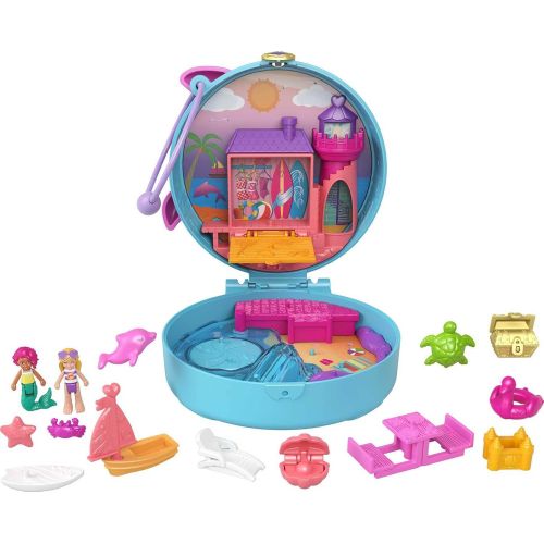  Polly Pocket Dolphin Beach Compact, Beach-Adventure Theme with Micro Polly & Mermaid Doll, 5 Reveals & 12 Accessories, Pop & Swap Feature, Great Gift for Ages 4 Years Old & Up , Bl