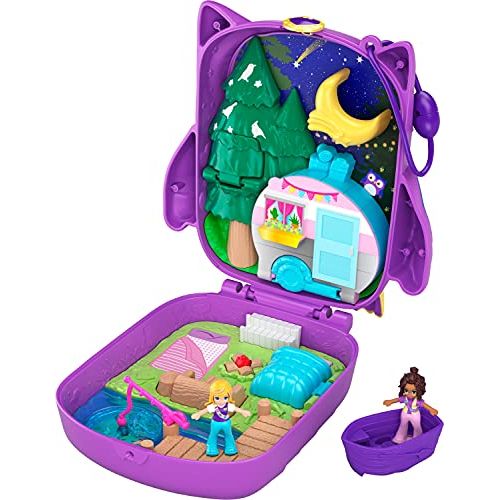  Polly Pocket Pocket World Owlnite Campsite Compact with Fun Reveals, Micro Polly and Shani Dolls, Boat and Sticker Sheet for Ages 4 and Up [Amazon Exclusive]