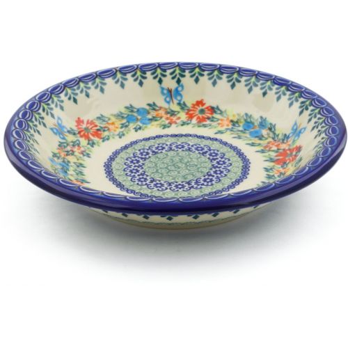  Polmedia Polish Pottery Polish Pottery 9-inch Pasta Bowl (Red Cornflower And Blue Butterflies Theme) Signature UNIKAT + Certificate of Authenticity