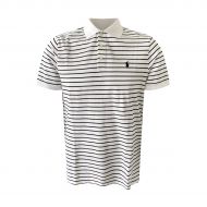 Polo Ralph Lauren Mens Classic Fit Mesh Polo Shirt (Classic White/Black Stripes, L)
