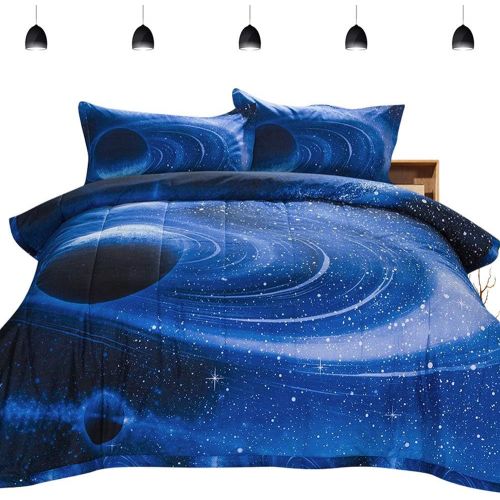  [아마존베스트]PomCo Galaxy Comforter Twin (68x88 Inch), 2Pcs(1 Galaxy Comforter & 1 Pillowcases) 3D Space Outer Sky Microfiber Bedding Set, Blue Universe Galaxy Comforter Set for Boy Girl Teen K