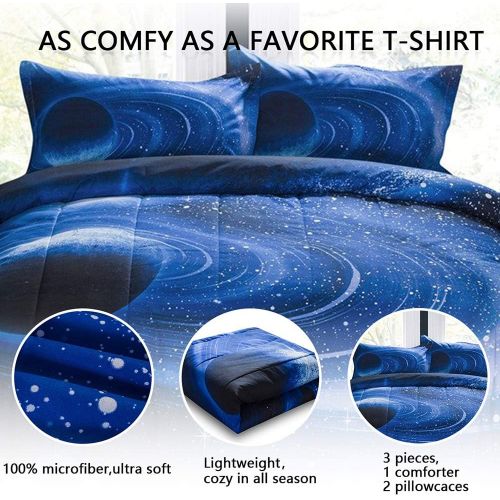  [아마존베스트]PomCo Galaxy Comforter Twin (68x88 Inch), 2Pcs(1 Galaxy Comforter & 1 Pillowcases) 3D Space Outer Sky Microfiber Bedding Set, Blue Universe Galaxy Comforter Set for Boy Girl Teen K