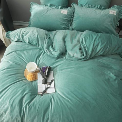  PomCo Velvet Flannel Duvet Cover Set Queen/Full for Boys Girls Ruffle Duvet Cover with Zipper Closure Soft Winter Bedding Set Warm Comforter Cover and Pillow Shams (Green,Queen)