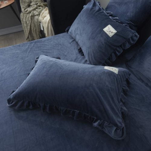  PomCo Velvet Flannel Duvet Cover Set King for Boys Girls Ruffle Duvet Cover with Zipper Closure Soft Winter Bedding Set Warm Comforter Cover and Pillow Shams (Dark Blue,King)