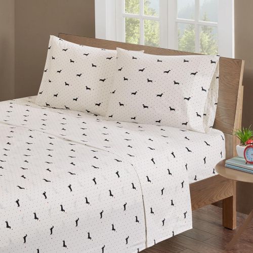  Pomlia 4 Piece Girls Doggy Dachshund Bold Black Sheet Queen Set, Ivory White Color Allover Animal Pattern Jungle Zoo Kids Bedding For Bedroom Modern Unique Casual Teen Safari African Them