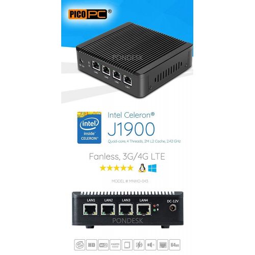  Pondesk Perfect pfSense, Sophos, Untangle, Ubuntu, ClearOS, Freebsd, Monowall, Debian etc Intel AES-NI Atom E3845 4 LAN with WiFi LTE HD Fanless Firewall Appliance Router(0GB RAM,32GB mSAT