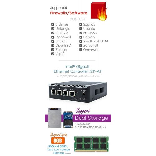  Pondesk Perfect pfSense, Sophos, Untangle, Ubuntu, ClearOS, Freebsd, Monowall, Debian etc Intel AES-NI Atom E3845 4 LAN with WiFi LTE HD Fanless Firewall Appliance Router(4GB RAM,120GB mSA