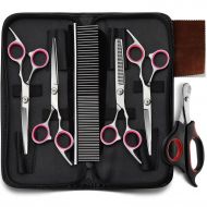 Pongo Professional Pet Grooming Scissors Set- 4 Pieces of Heavy Duty Stainless Steel Pet Trimmer Kit, Premium Curved Cutting and Thinning Shears with Nail Trimmer and Grooming Comb for D