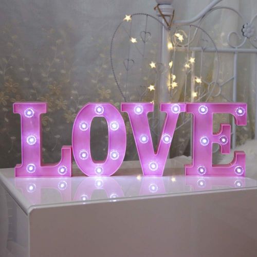  Pooqla Decorative Illuminated Marquee Love Word Sign with Diamond Light Bulb (Pink Color 6.38 Tall) - Lighted Letter Words and Signs for Home Bedroom Baby Shower Nursery Room Table