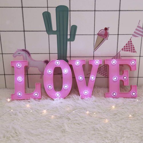  Pooqla Decorative Illuminated Marquee Love Word Sign with Diamond Light Bulb (Pink Color 6.38 Tall) - Lighted Letter Words and Signs for Home Bedroom Baby Shower Nursery Room Table