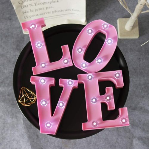  Pooqla Decorative Illuminated Marquee Love Word Sign with Diamond Light Bulb (Pink Color 6.38 Tall) - Lighted Letter Words and Signs for Home Bedroom Baby Shower Nursery Room Table