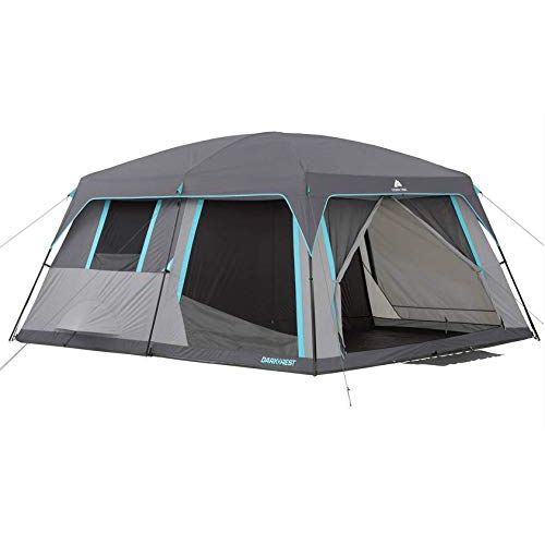  Pop Ozark Trail 14 x 12 Half Dark Rest Cabin Tent, Sleeps 12 bundle with Ozark Trail Quad Folding Table with Cup Holders, Gray